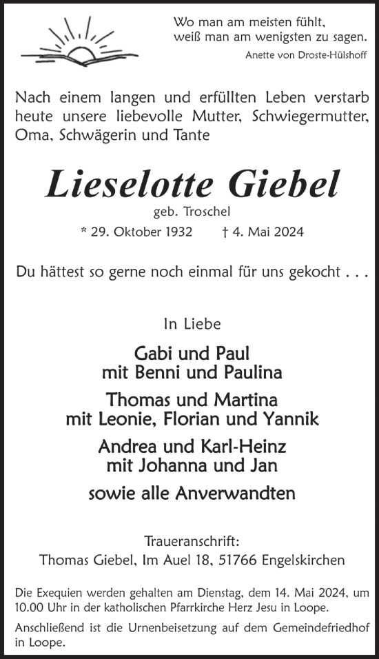Anzeige von Lieselotte Giebel von  Anzeigen Echo 