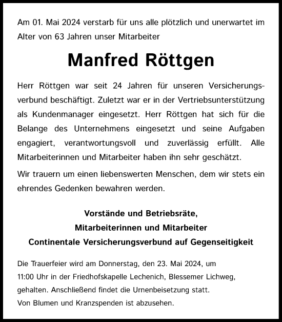 Anzeige von Manfred Röttgen von Kölner Stadt-Anzeiger / Kölnische Rundschau / Express