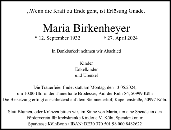 Anzeige von Maria Birkenheyer von Kölner Stadt-Anzeiger / Kölnische Rundschau / Express