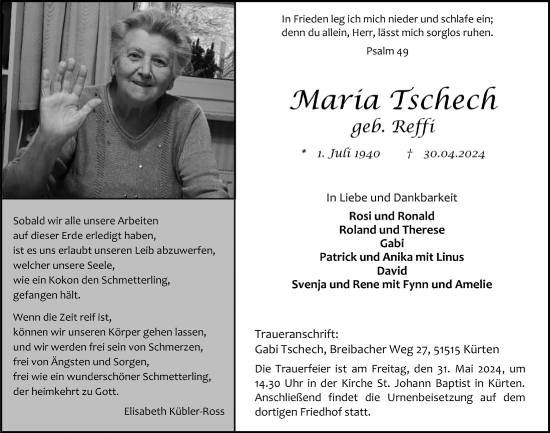 Anzeige von Maria Tschech von  Bergisches Handelsblatt 