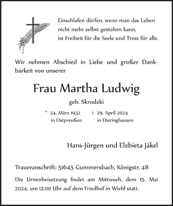 Anzeige von Martha Ludwig von  Anzeigen Echo 
