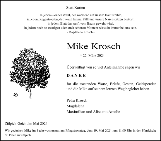 Anzeige von Mike Krosch von Kölner Stadt-Anzeiger / Kölnische Rundschau / Express
