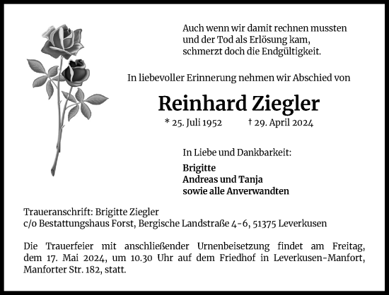 Anzeige von Reinhard Ziegler von Kölner Stadt-Anzeiger / Kölnische Rundschau / Express