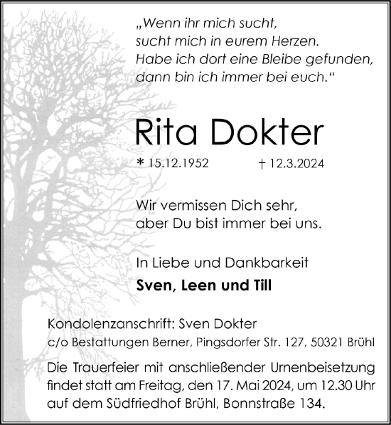 Anzeige von Rita Dokter von  Schlossbote/Werbekurier 