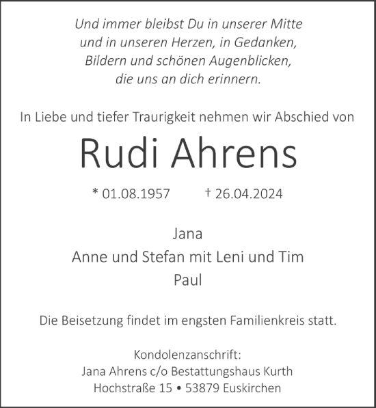 Anzeige von Rudi Ahrens von  Blickpunkt Euskirchen 