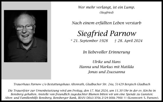 Anzeige von Siegfried Parnow von Kölner Stadt-Anzeiger / Kölnische Rundschau / Express