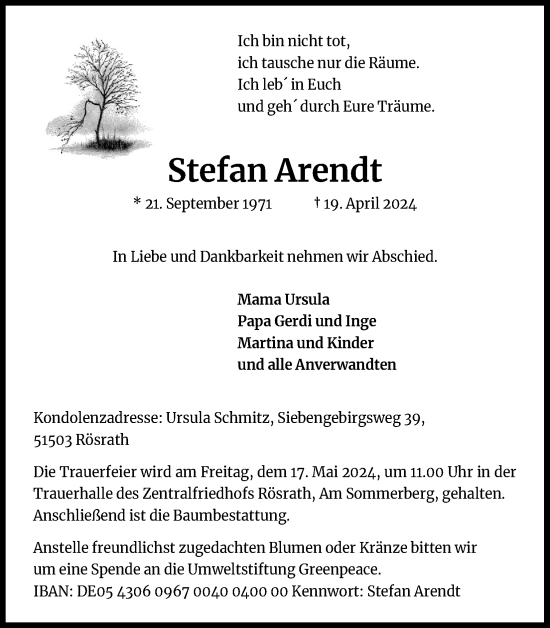 Anzeige von Stefan Arendt von Kölner Stadt-Anzeiger / Kölnische Rundschau / Express