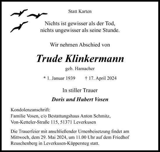 Anzeige von Trude Klinkermann von Kölner Stadt-Anzeiger / Kölnische Rundschau / Express