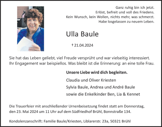 Anzeige von Ulla Baule von  Schlossbote/Werbekurier 