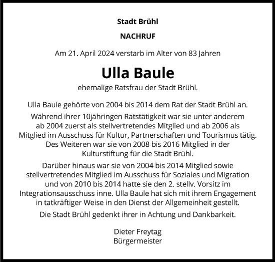 Anzeige von Ulla Baule von Kölner Stadt-Anzeiger / Kölnische Rundschau / Express