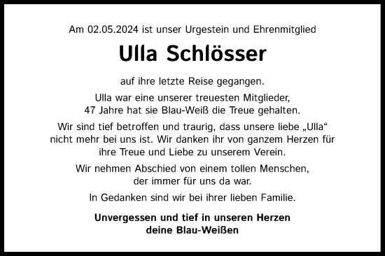 Anzeige von Ulla Schlösser von Kölner Stadt-Anzeiger / Kölnische Rundschau / Express