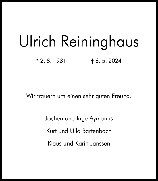 Anzeige von Ulrich Reininghaus von Kölner Stadt-Anzeiger / Kölnische Rundschau / Express