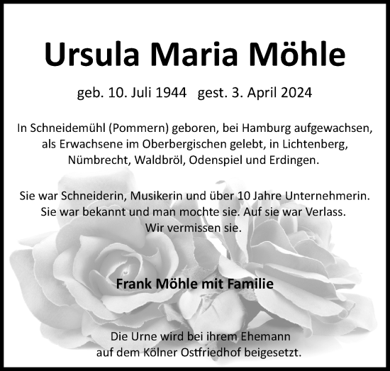 Anzeige von Ursula Maria Möhle von Kölner Stadt-Anzeiger / Kölnische Rundschau / Express