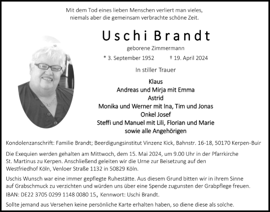 Anzeige von Uschi Brandt von  Wochenende  Werbepost 