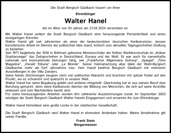 Anzeige von Walter Hanel von Kölner Stadt-Anzeiger / Kölnische Rundschau / Express