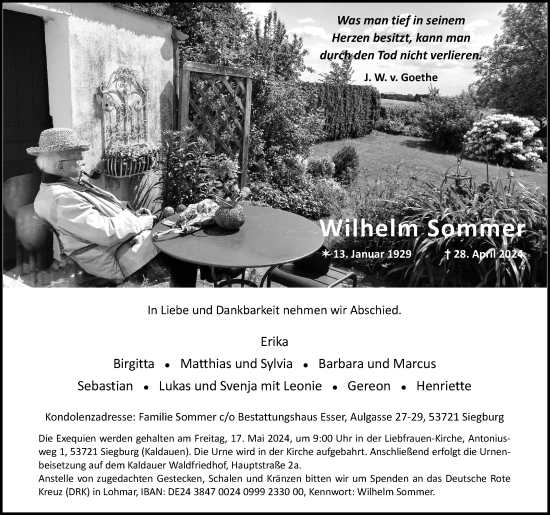 Anzeige von Wilhelm Sommer von Kölner Stadt-Anzeiger / Kölnische Rundschau / Express