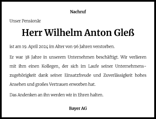 Anzeige von Wilhelm Anton Gleß von Kölner Stadt-Anzeiger / Kölnische Rundschau / Express