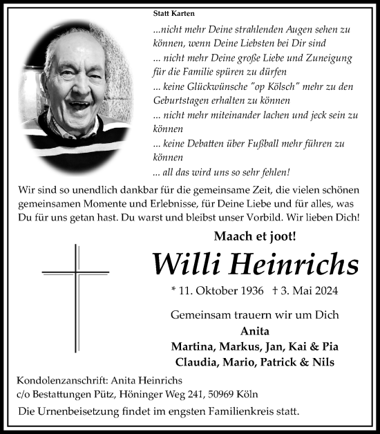 Anzeige von Willi Heinrichs von Kölner Stadt-Anzeiger / Kölnische Rundschau / Express