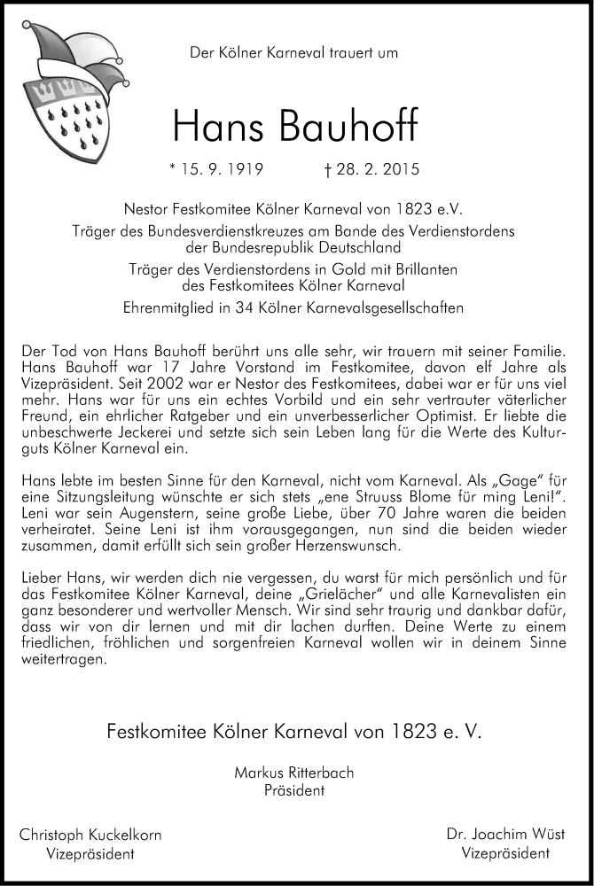  Traueranzeige für Hans Bauhoff vom 07.03.2015 aus Kölner Stadt-Anzeiger / Kölnische Rundschau / Express