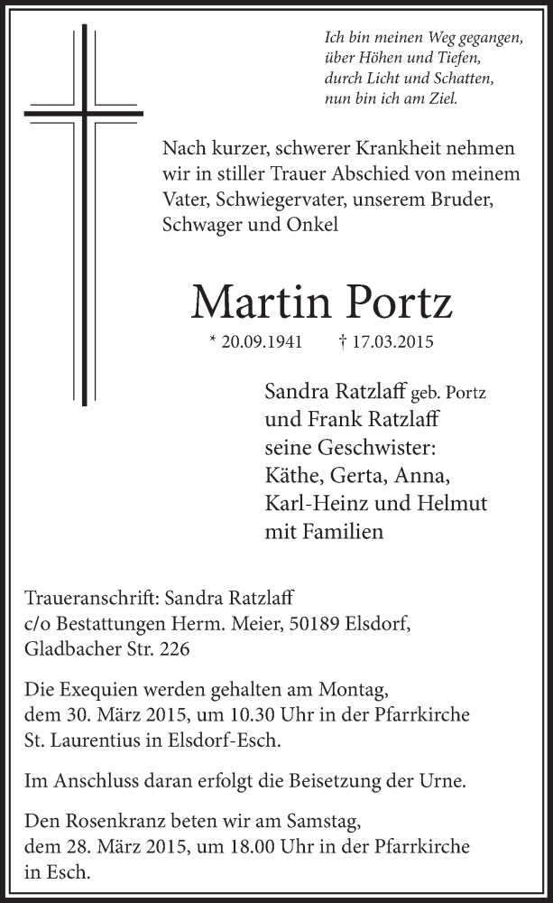  Traueranzeige für Martin Portz vom 28.03.2015 aus  Sonntags-Post 