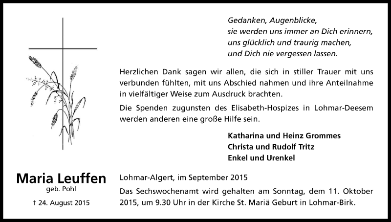  Traueranzeige für Maria Leuffen vom 26.09.2015 aus Kölner Stadt-Anzeiger / Kölnische Rundschau / Express
