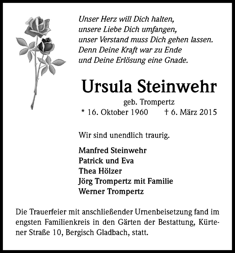  Traueranzeige für Ursula Steinwehr vom 02.04.2015 aus Kölner Stadt-Anzeiger / Kölnische Rundschau / Express
