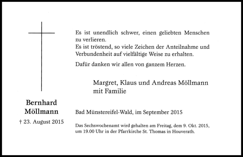  Traueranzeige für Bernhard Möllmann vom 04.10.2015 aus  Blickpunkt Euskirchen 