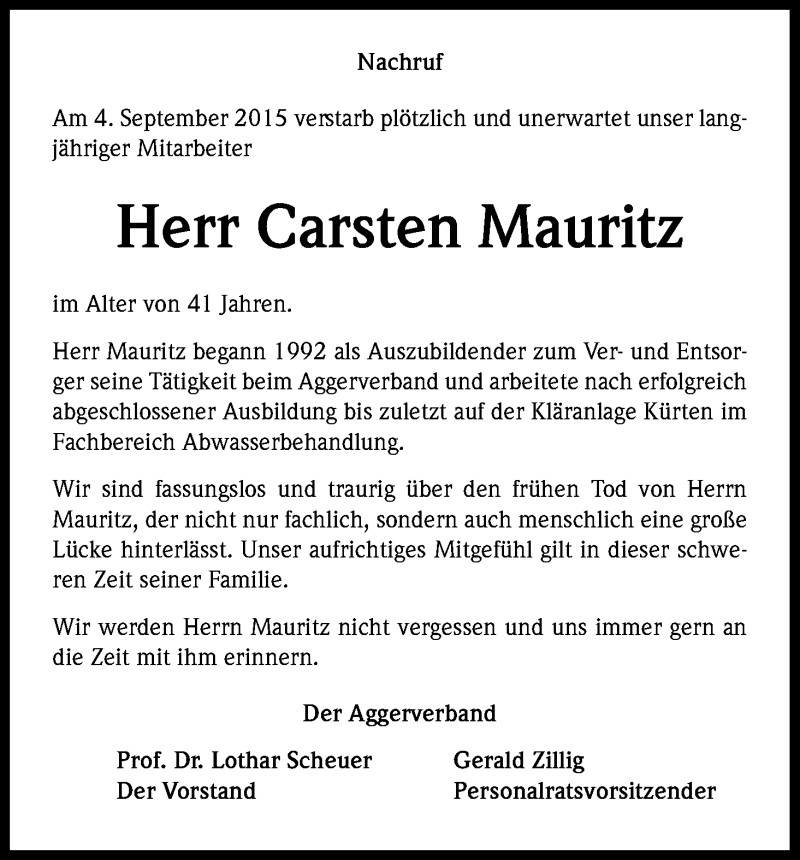  Traueranzeige für Carsten Mauritz vom 11.09.2015 aus Kölner Stadt-Anzeiger / Kölnische Rundschau / Express