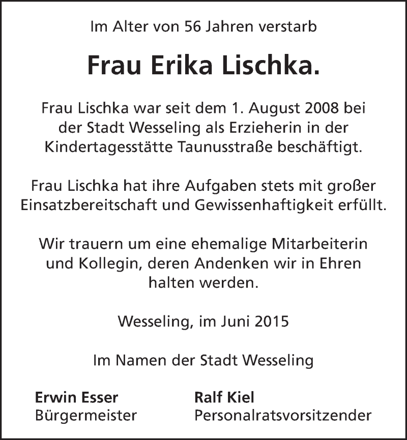  Traueranzeige für Erika Lischka vom 01.07.2015 aus  Schlossbote/Werbekurier 