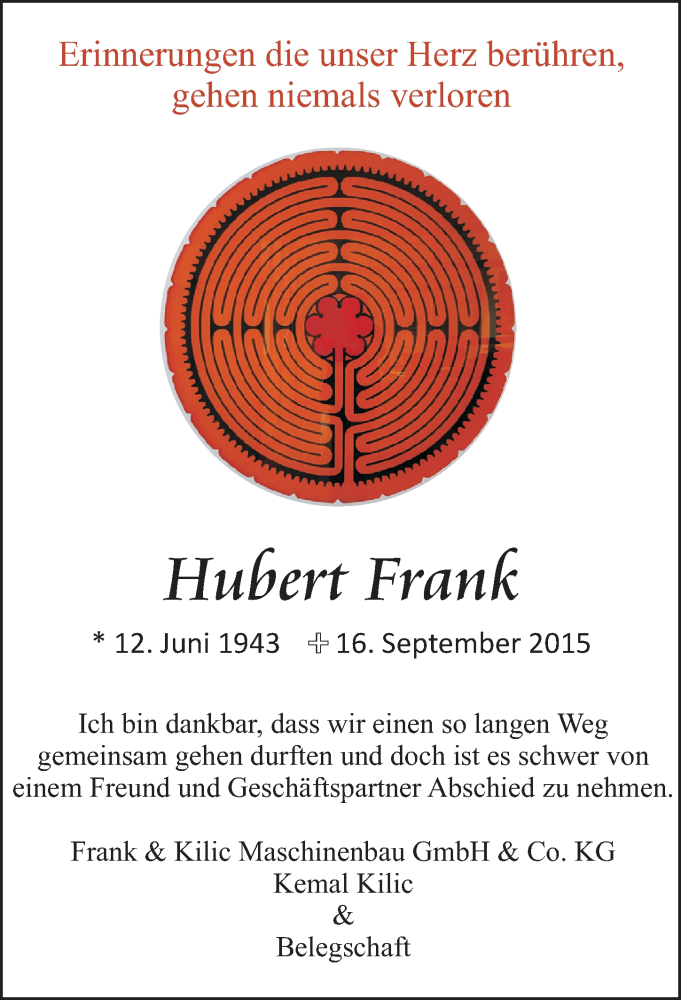  Traueranzeige für Hubert Frank vom 02.10.2015 aus Köln - Wir Trauern