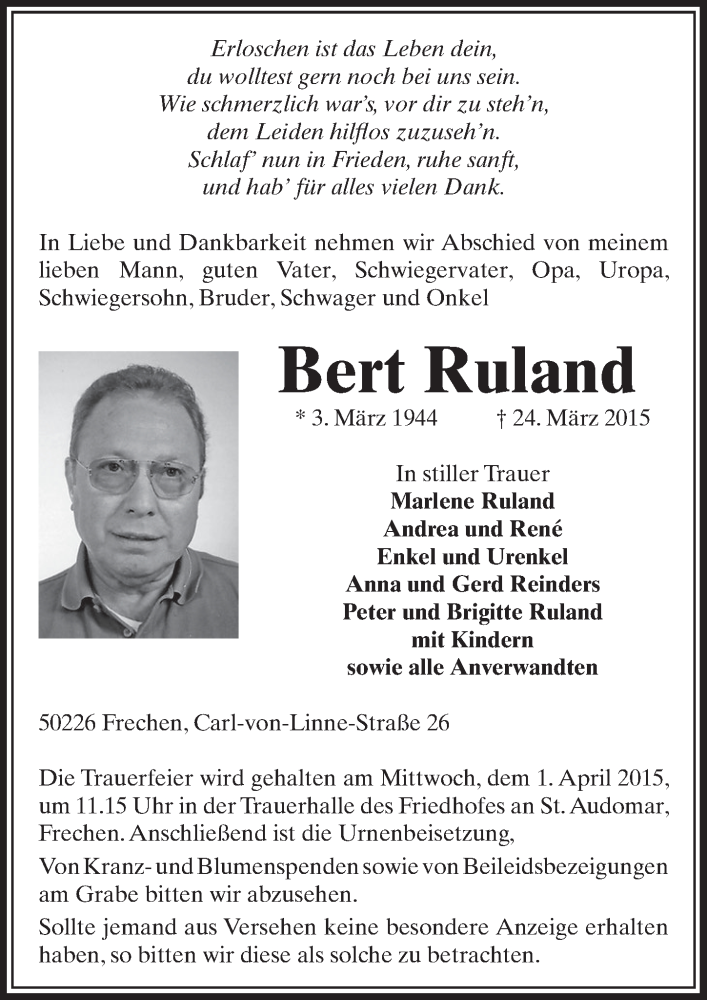  Traueranzeige für Bert Ruland vom 28.03.2015 aus  Sonntags-Post 