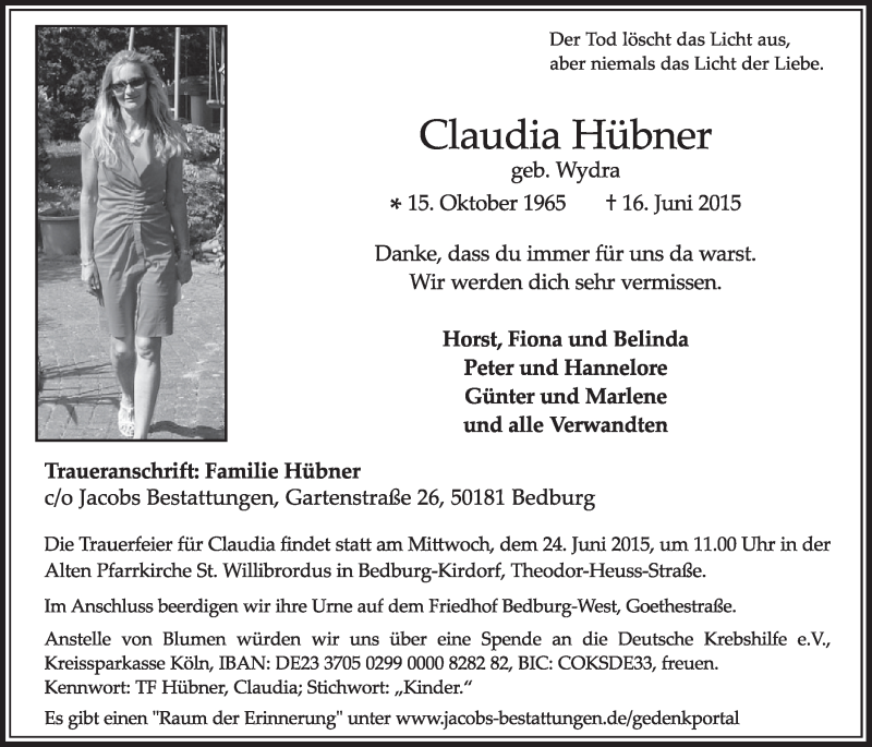  Traueranzeige für Claudia Hübner vom 20.06.2015 aus  Sonntags-Post 