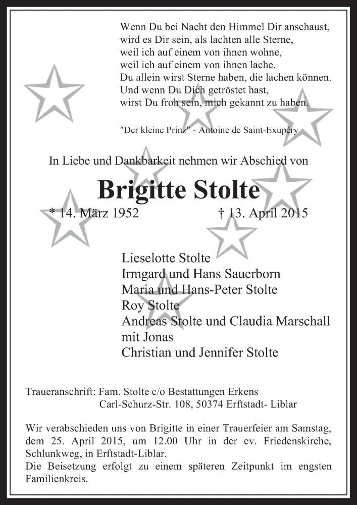  Traueranzeige für Brigitte Stolte vom 22.04.2015 aus  Werbepost 