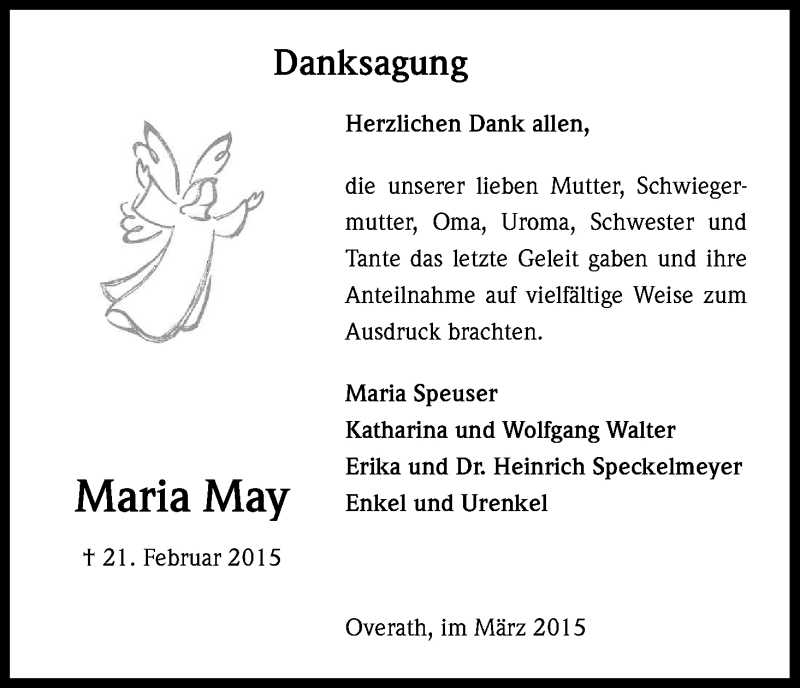  Traueranzeige für Maria May vom 31.03.2015 aus Kölner Stadt-Anzeiger / Kölnische Rundschau / Express