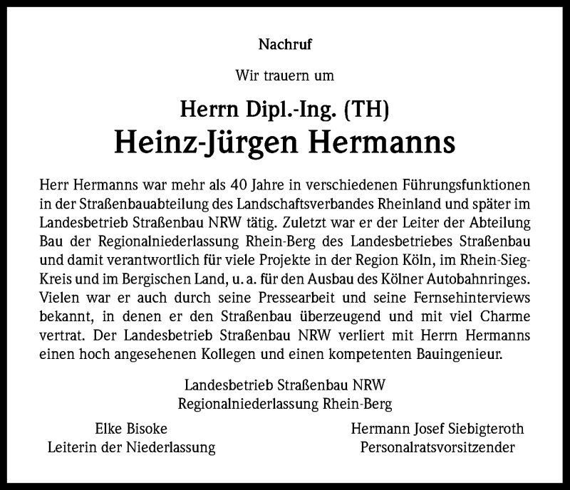  Traueranzeige für Heinz-Jürgen Hermanns vom 28.03.2015 aus Kölner Stadt-Anzeiger / Kölnische Rundschau / Express
