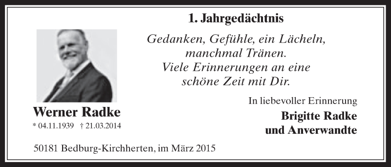 Traueranzeige für Werner Radke vom 21.03.2015 aus  Sonntags-Post 