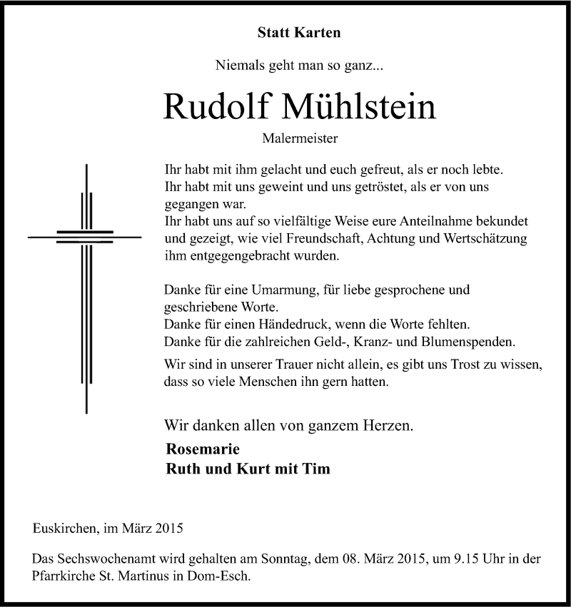 Traueranzeige für Rudolf Mühlstein vom 02.03.2015 aus Kölner Stadt-Anzeiger / Kölnische Rundschau / Express