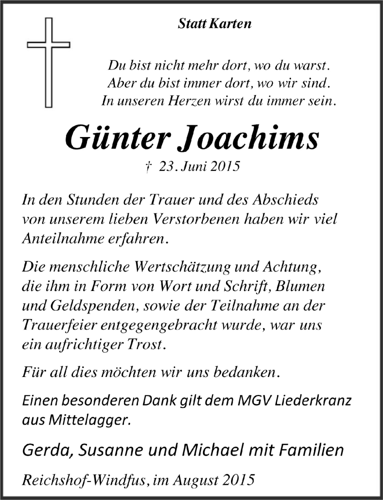  Traueranzeige für Günter Joachims vom 05.08.2015 aus  Anzeigen Echo 