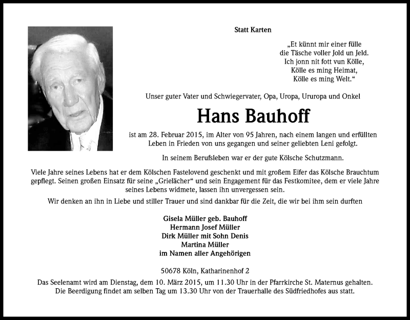  Traueranzeige für Hans Bauhoff vom 07.03.2015 aus Kölner Stadt-Anzeiger / Kölnische Rundschau / Express