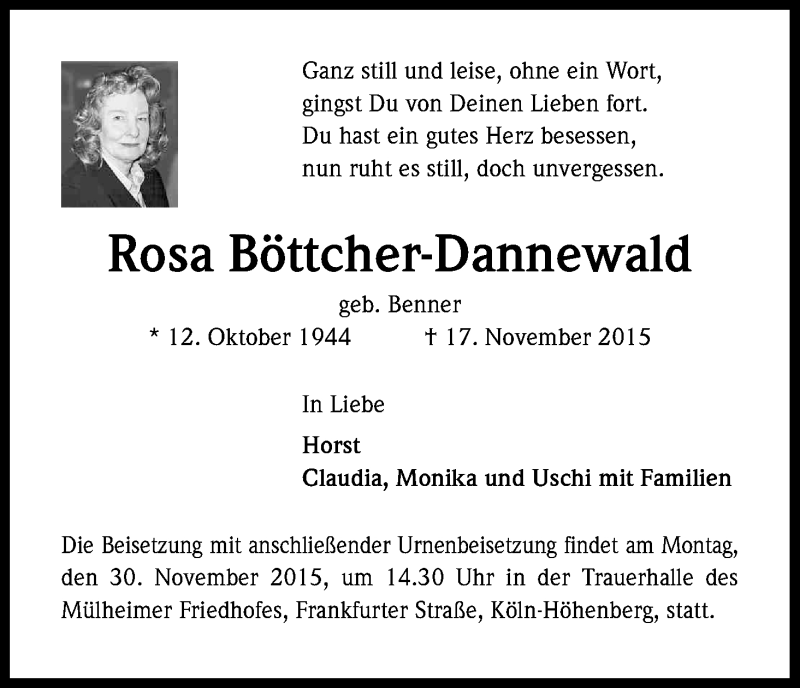  Traueranzeige für Rosa Böttcher-Dannewald vom 27.11.2015 aus Kölner Stadt-Anzeiger / Kölnische Rundschau / Express