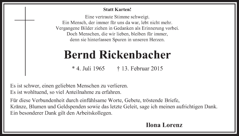  Traueranzeige für Bernd Rickenbacher vom 21.03.2015 aus  Sonntags-Post 