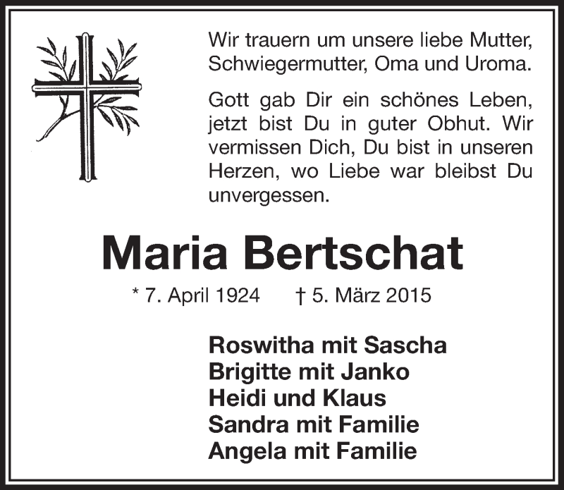  Traueranzeige für Maria Bertschat vom 18.03.2015 aus  Bergisches Handelsblatt 
