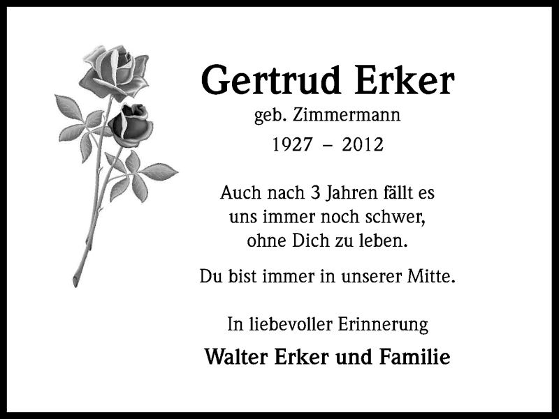  Traueranzeige für Gertrud Erker vom 10.02.2015 aus Kölner Stadt-Anzeiger / Kölnische Rundschau / Express