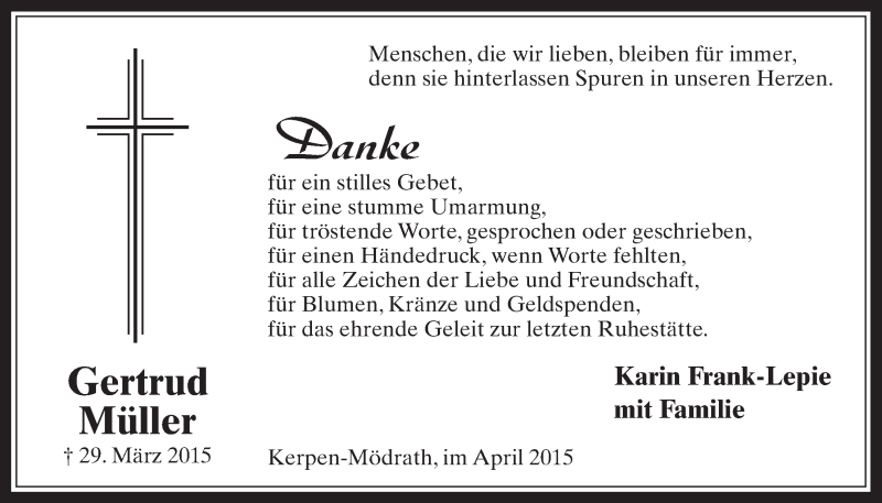  Traueranzeige für Gertrud Müller vom 22.04.2015 aus  Werbepost 