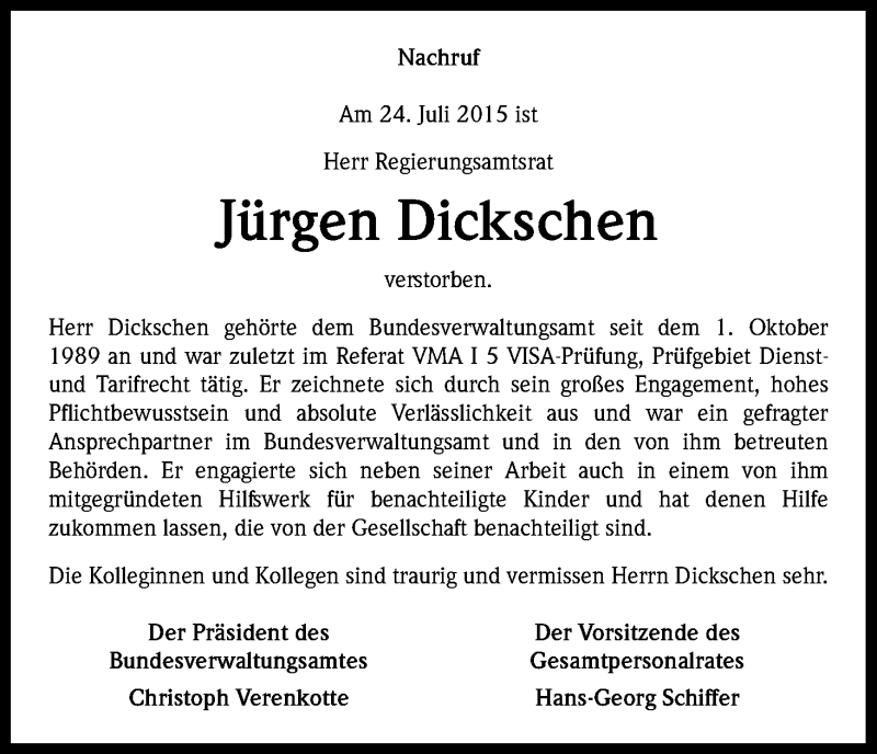  Traueranzeige für Jürgen Dickschen vom 11.08.2015 aus Kölner Stadt-Anzeiger / Kölnische Rundschau / Express