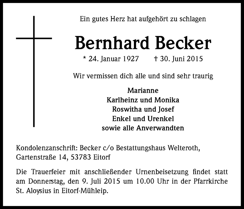  Traueranzeige für Bernhard Becker vom 04.07.2015 aus Kölner Stadt-Anzeiger / Kölnische Rundschau / Express