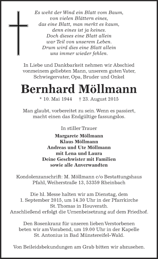  Traueranzeige für Bernhard Möllmann vom 30.08.2015 aus  Blickpunkt Euskirchen 