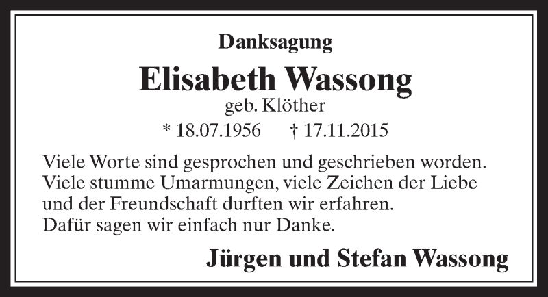  Traueranzeige für Elisabeth Wassong vom 16.12.2015 aus  Wochenende 