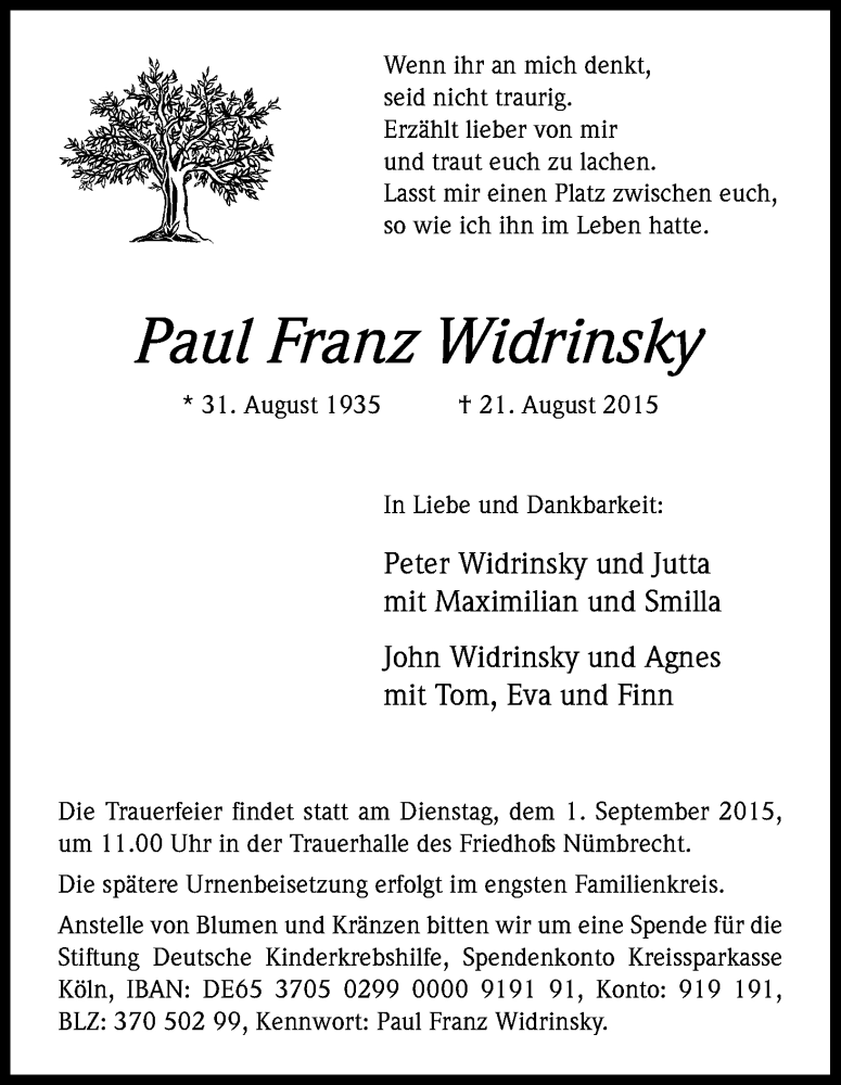  Traueranzeige für Paul Franz Widrinsky vom 27.08.2015 aus Kölner Stadt-Anzeiger / Kölnische Rundschau / Express