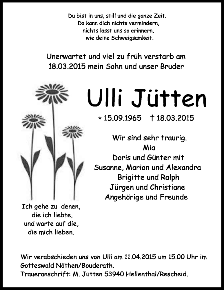  Traueranzeige für Ulli Jütten vom 04.04.2015 aus Kölner Stadt-Anzeiger / Kölnische Rundschau / Express